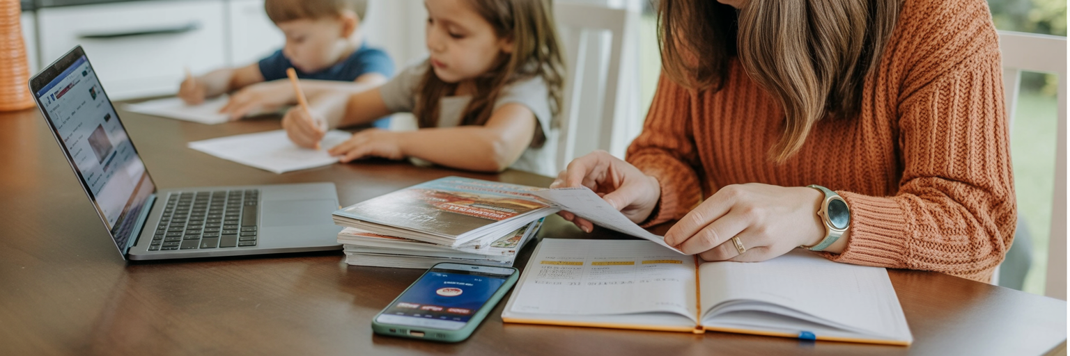 Mother teaching two young children at the table with books, laptop, and homeschool materials.
