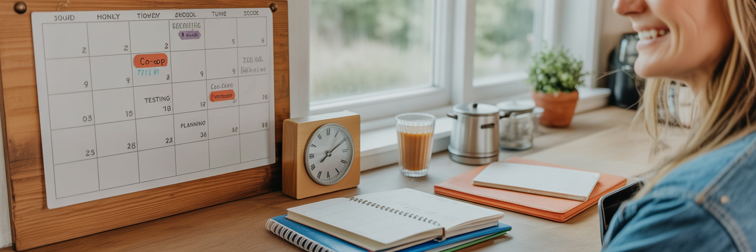 Homeschool mom smiling at her desk with a calendar, notebooks, and a clock