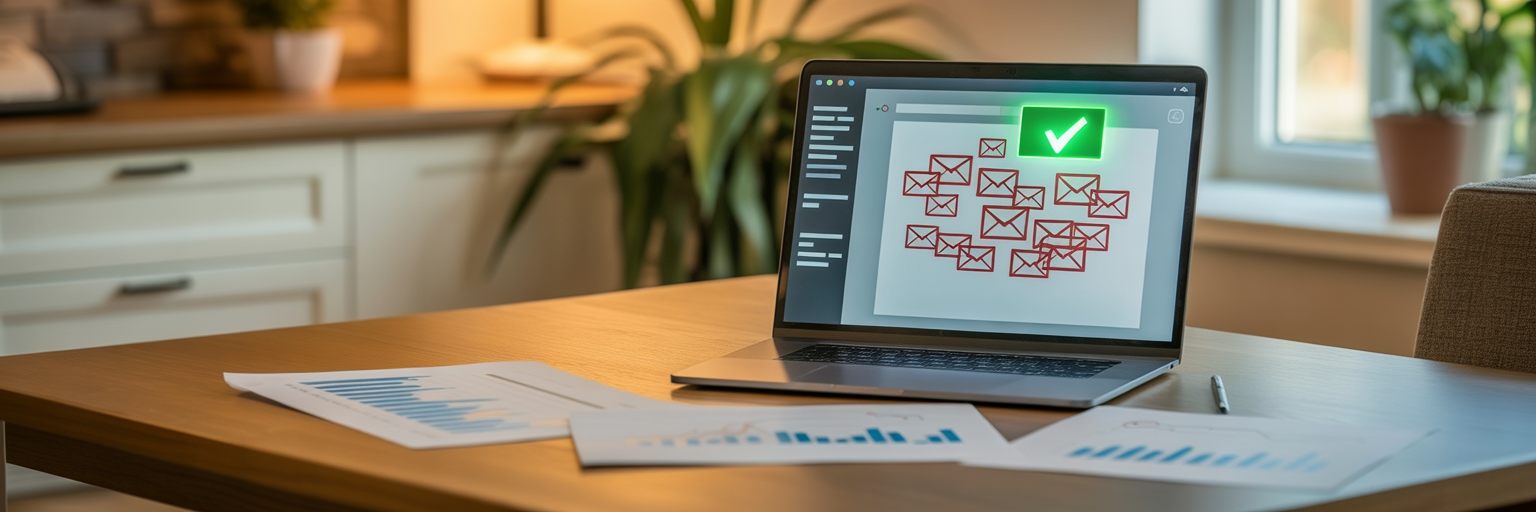 Laptop on a desk showing email icons with a green checkmark, surrounded by charts and reports.