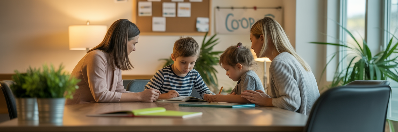 Two homeschool moms working with young children at a co-op table, teaching and guiding together.