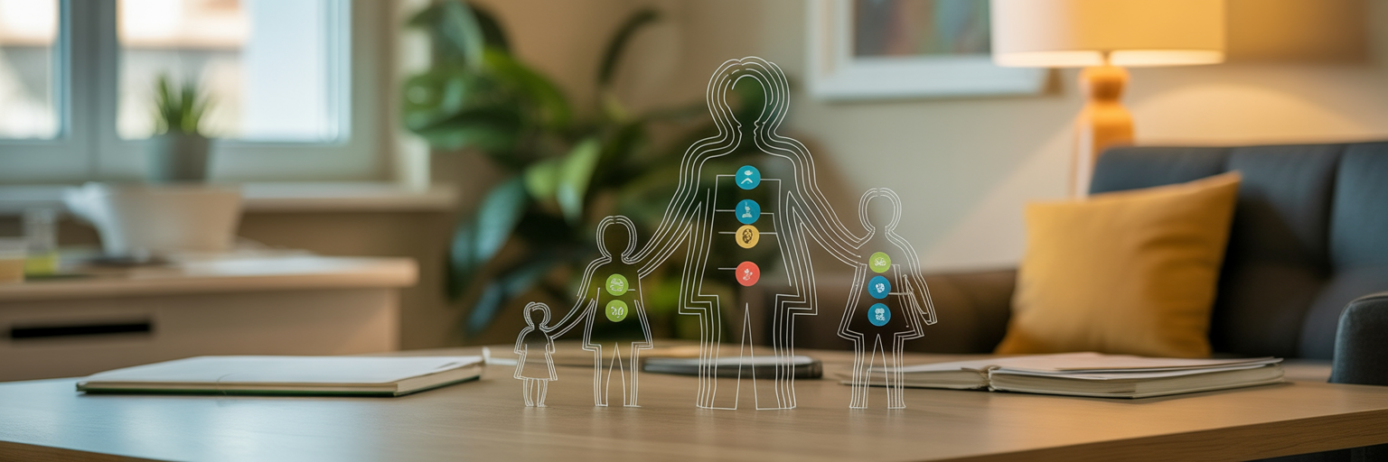 Abstract silhouettes of a family with overlaid icons representing decision patterns and motivations, symbolizing neurometrics in homeschool marketing.