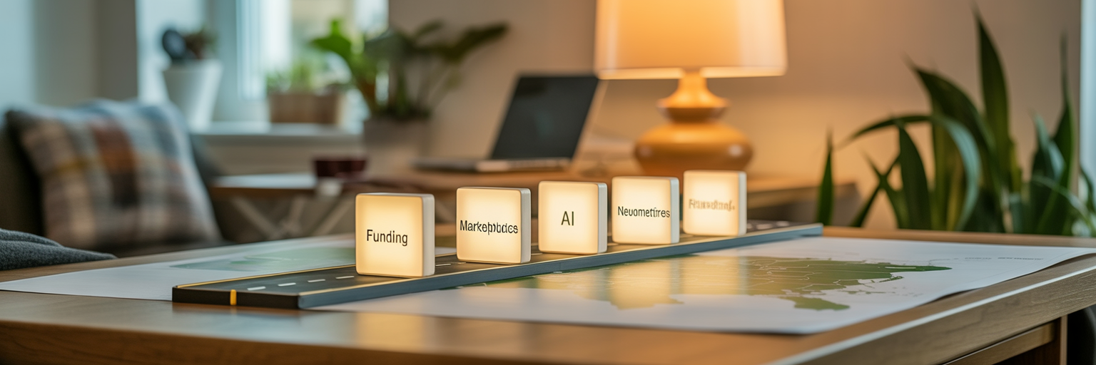 Forward-motion concept illustration showing a runway of glowing tiles labeled Funding, Marketplaces, AI, and Neurometrics, symbolizing the urgent shifts shaping the homeschool vendor landscape.