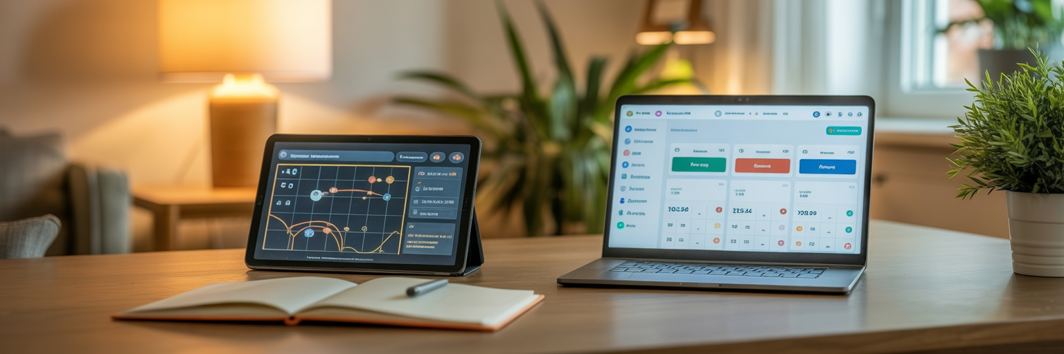 Tablet and laptop on a desk displaying AI-driven dashboards and automation tools, representing the role of artificial intelligence in homeschooling and marketing.
