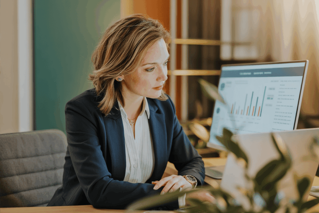 Rebecca reviewing campaign performance charts on a desktop monitor in a modern office, representing upcoming automation tools in development.