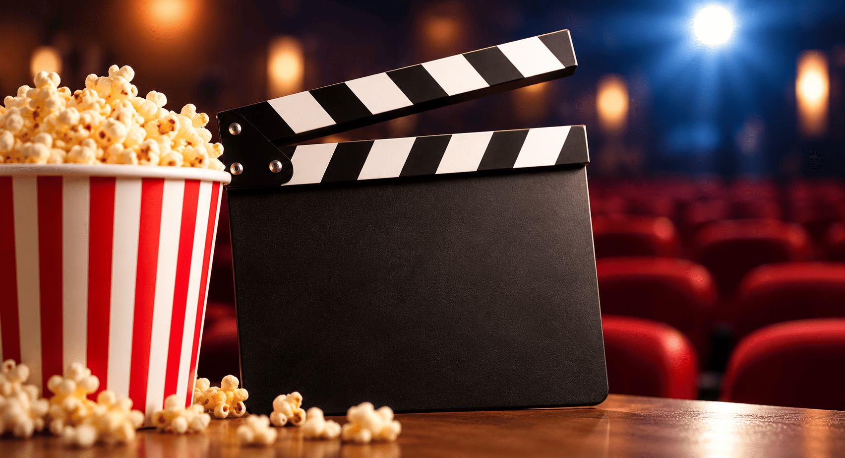 Clapperboard and fresh cinema popcorn