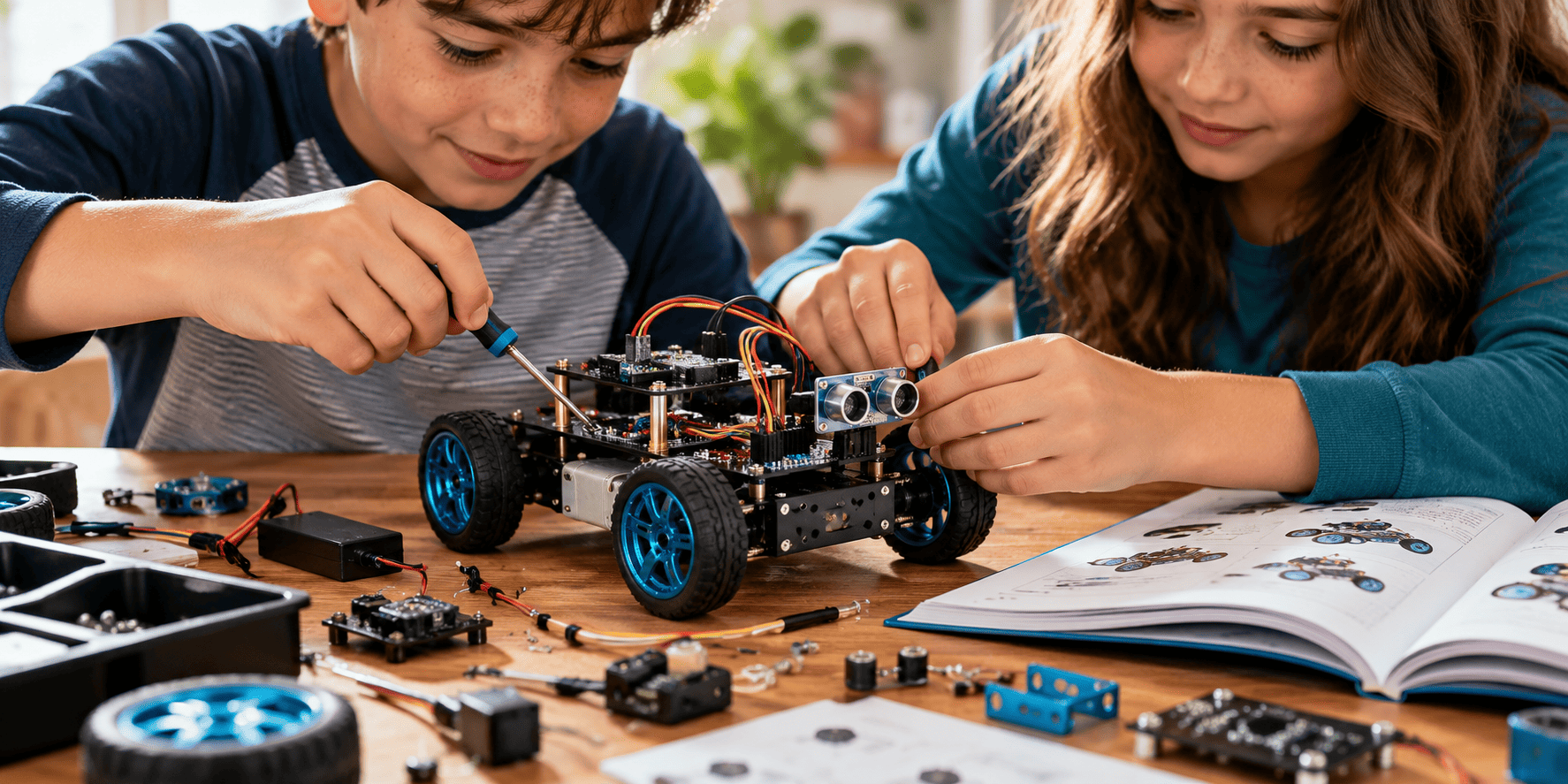 Children assembling robotics and STEM kits