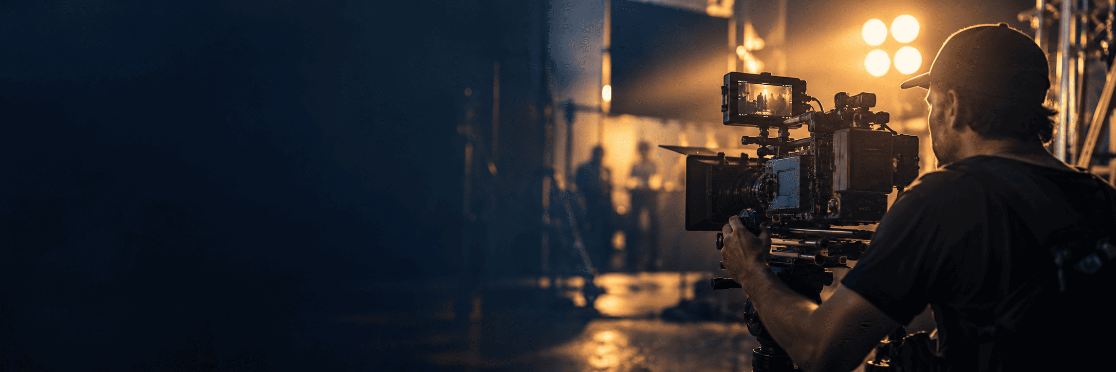 Camera operator on a warmly lit film set