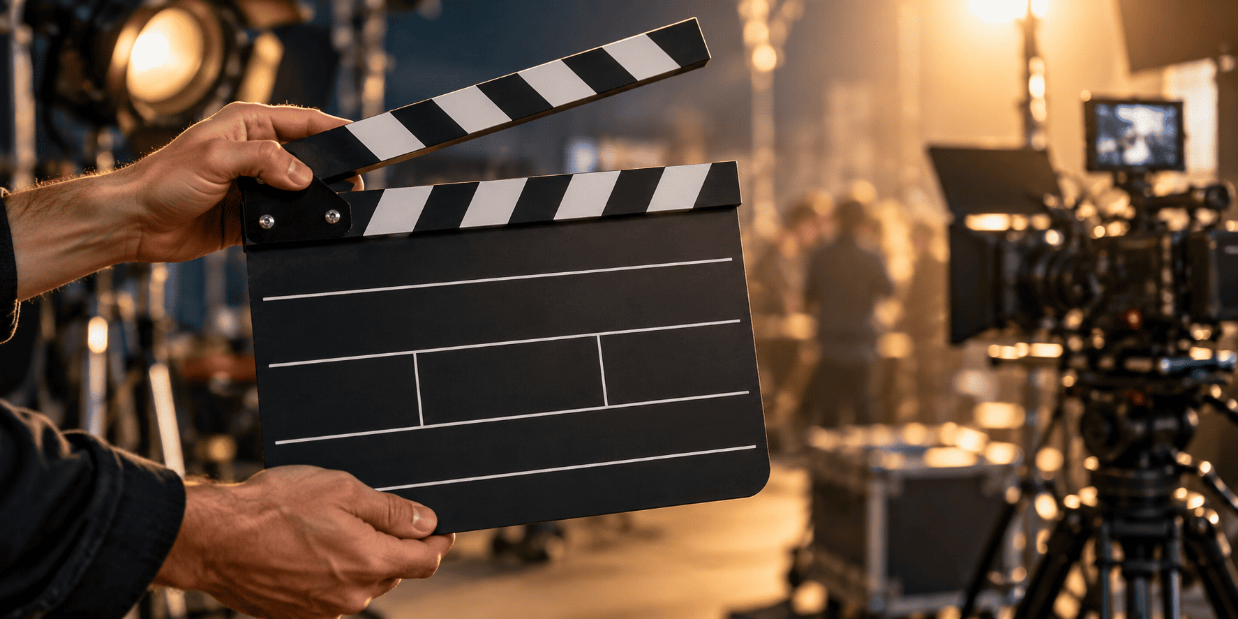 Hands holding a cinematic clapperboard