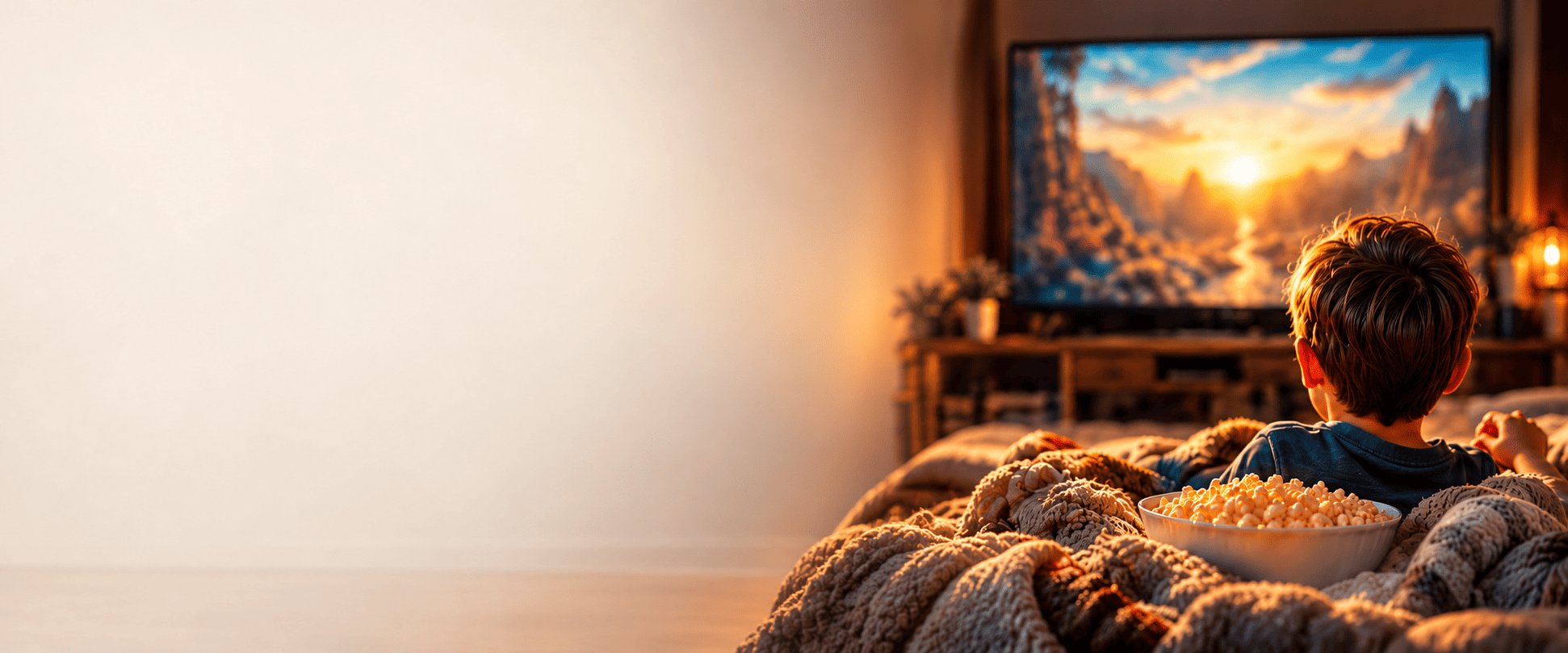Child enjoying a cozy family movie night at home