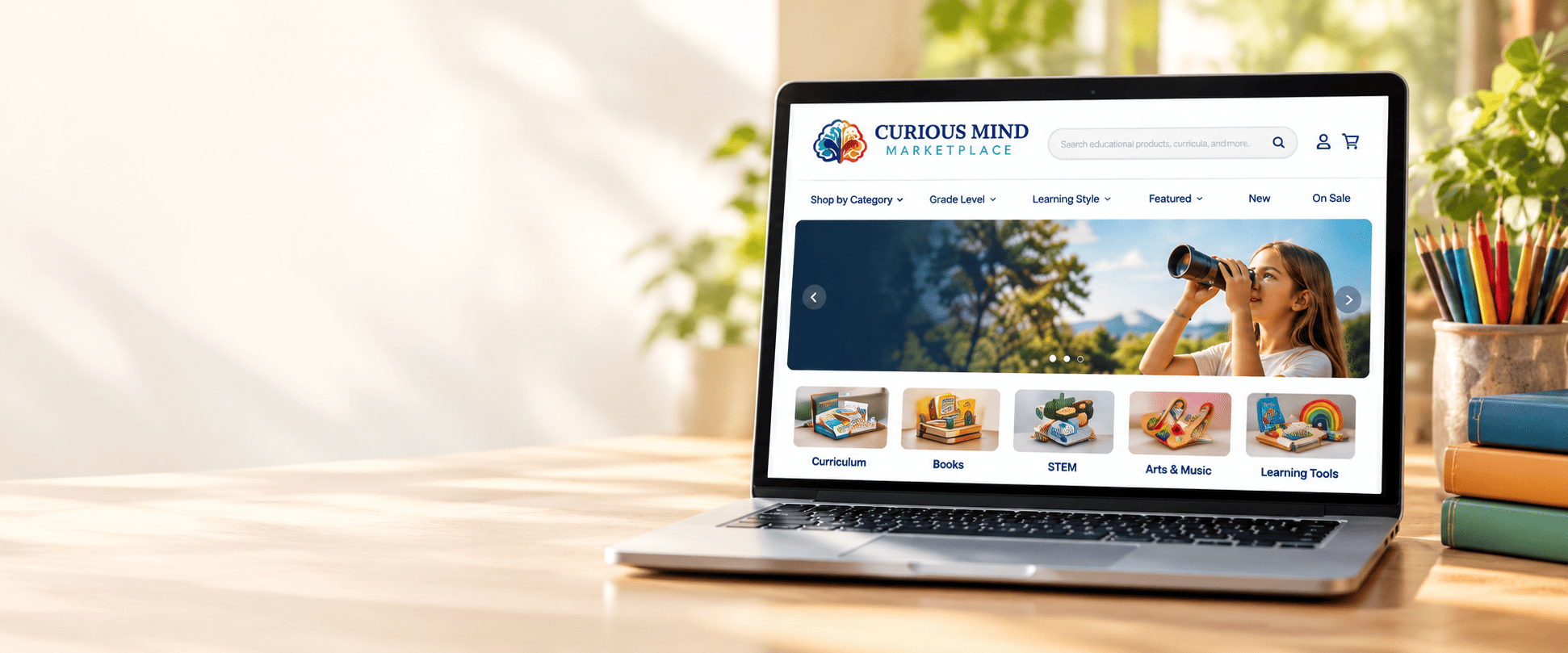 Curious Mind Marketplace displayed on a laptop