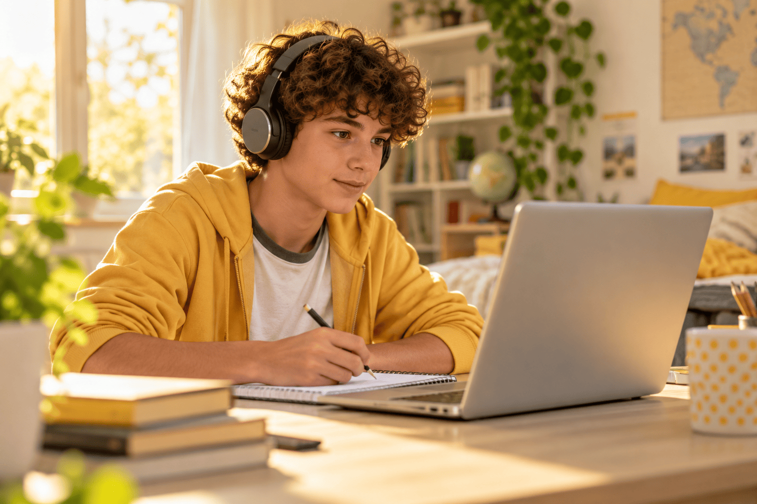 A young learner wearing headphones at his laptop