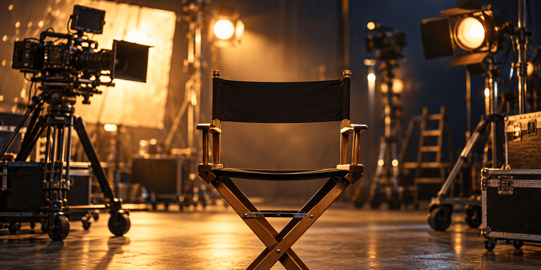 Director’s chair on a warmly lit film set