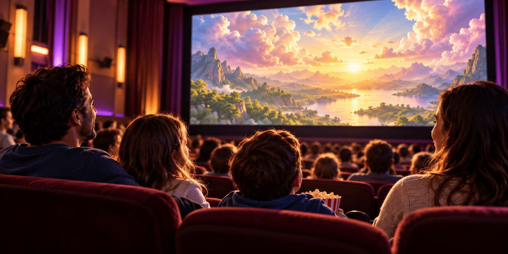 Families watching a film together in a movie theater