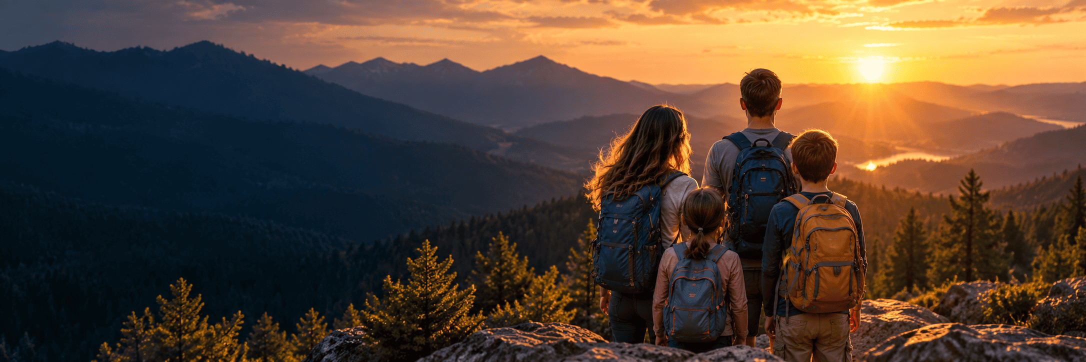 Family hiking toward mountains at sunset
