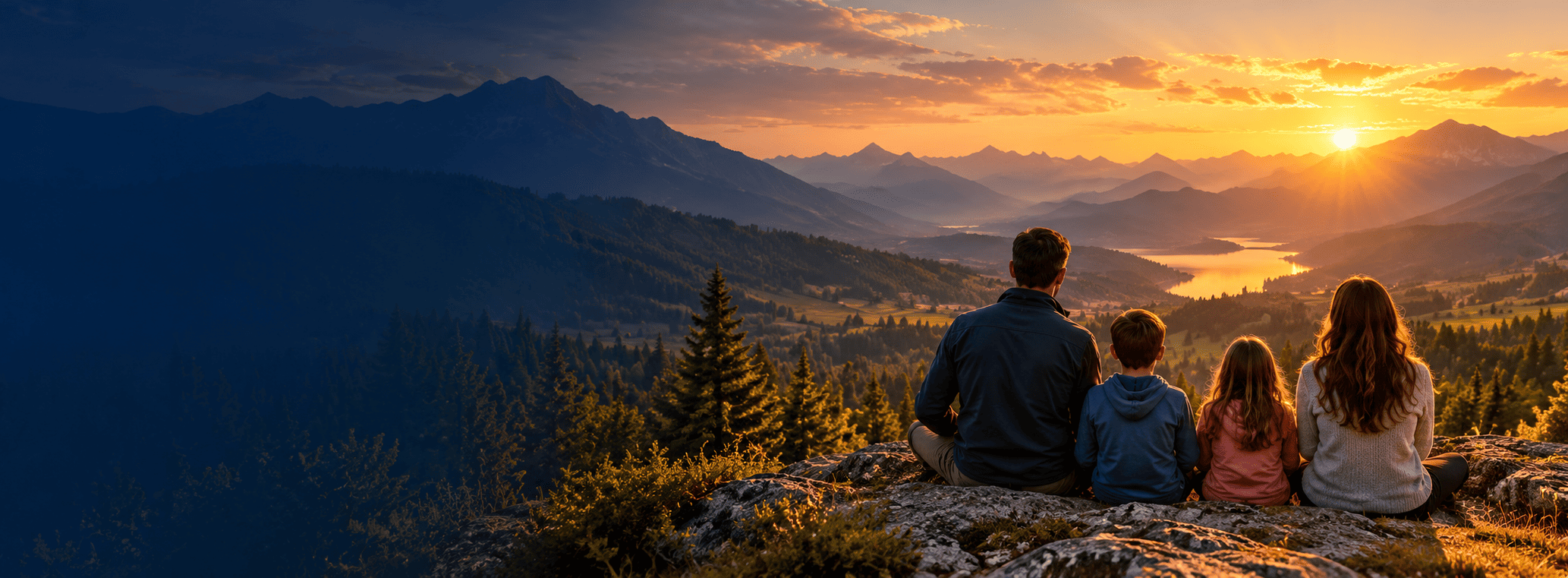 Family overlooking golden mountains at sunset