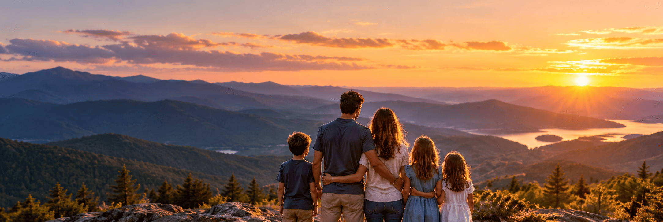 Family overlooking mountains at golden sunset