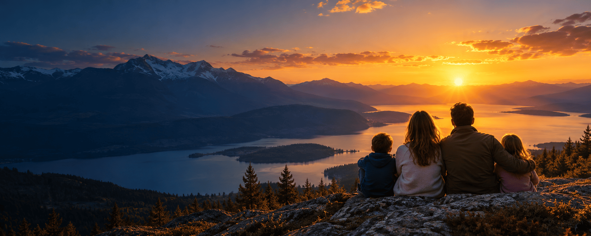 Family watching a golden mountain sunset