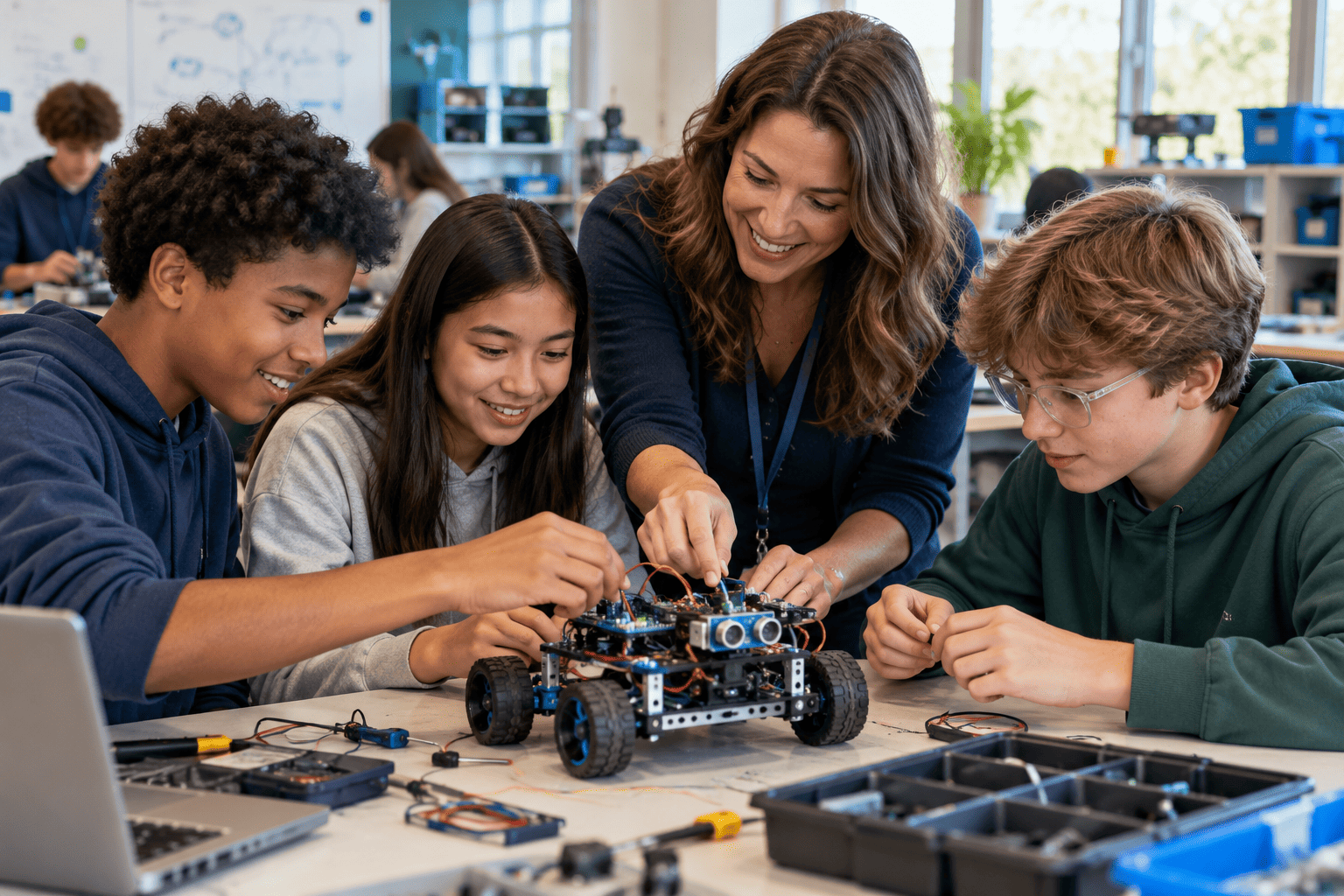 Students exploring hands-on robotics in a STEM classroom