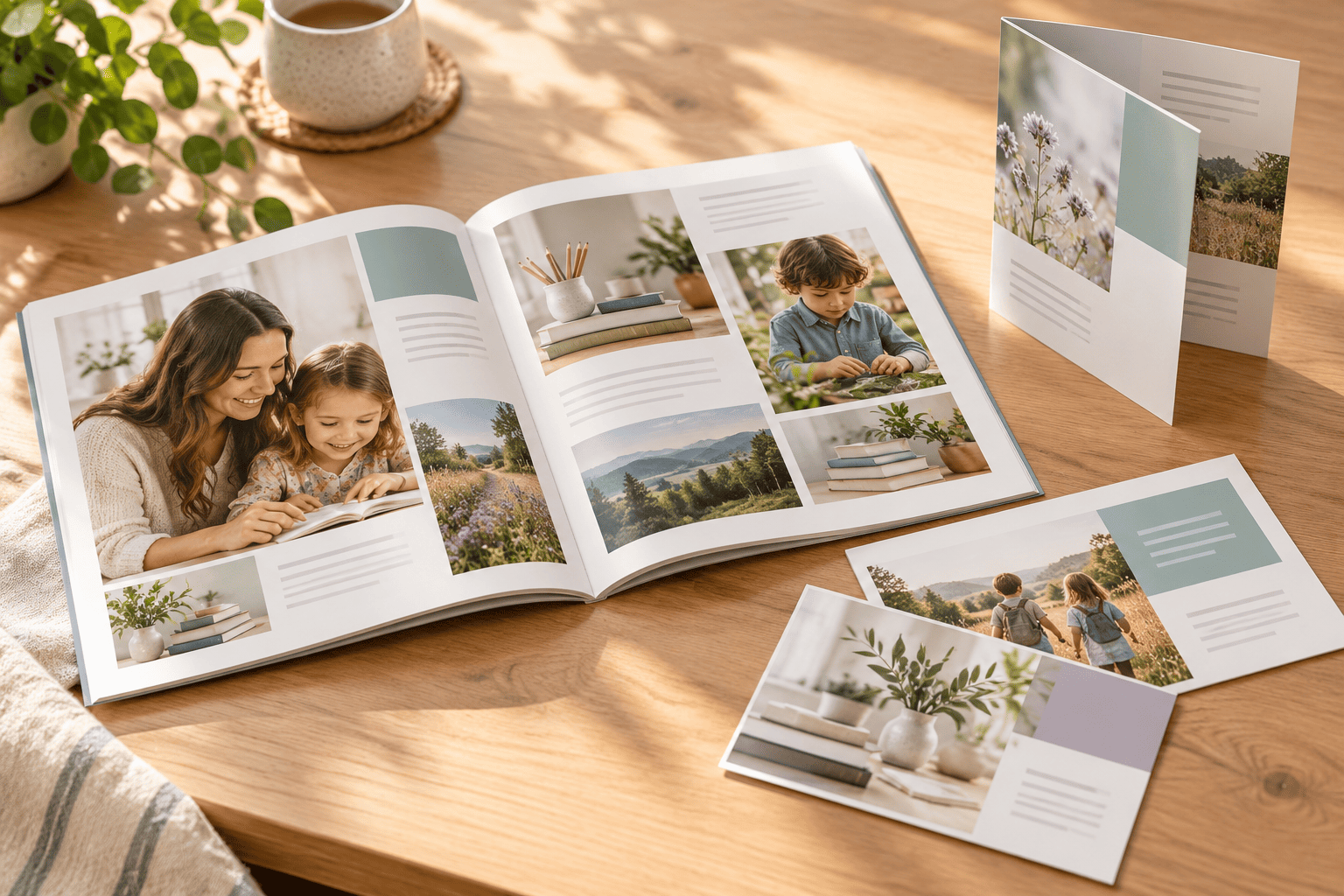 An open homeschool catalog, brochure, and printed inserts on a sunlit table