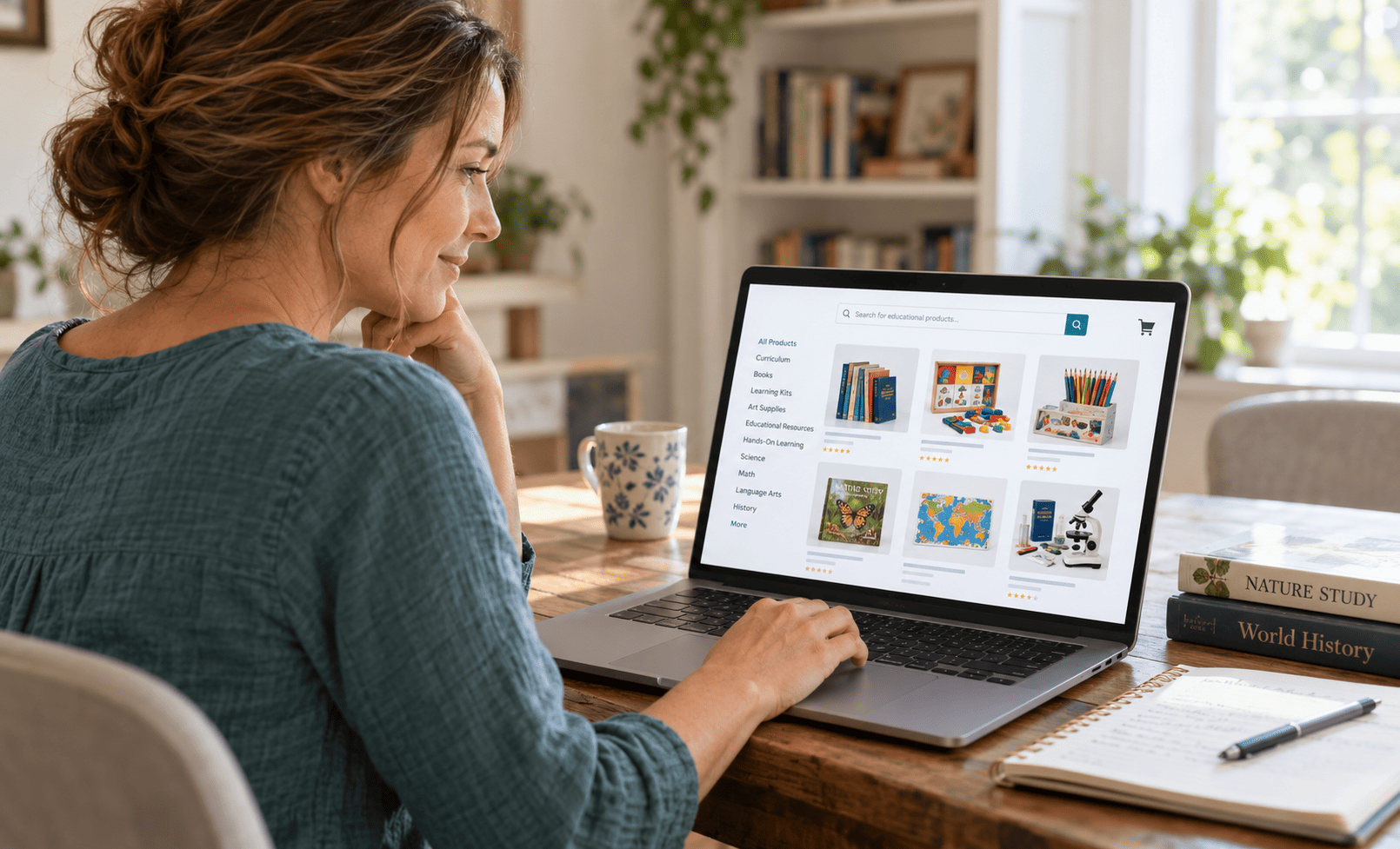 A homeschool mother browsing educational products in an online marketplace at home