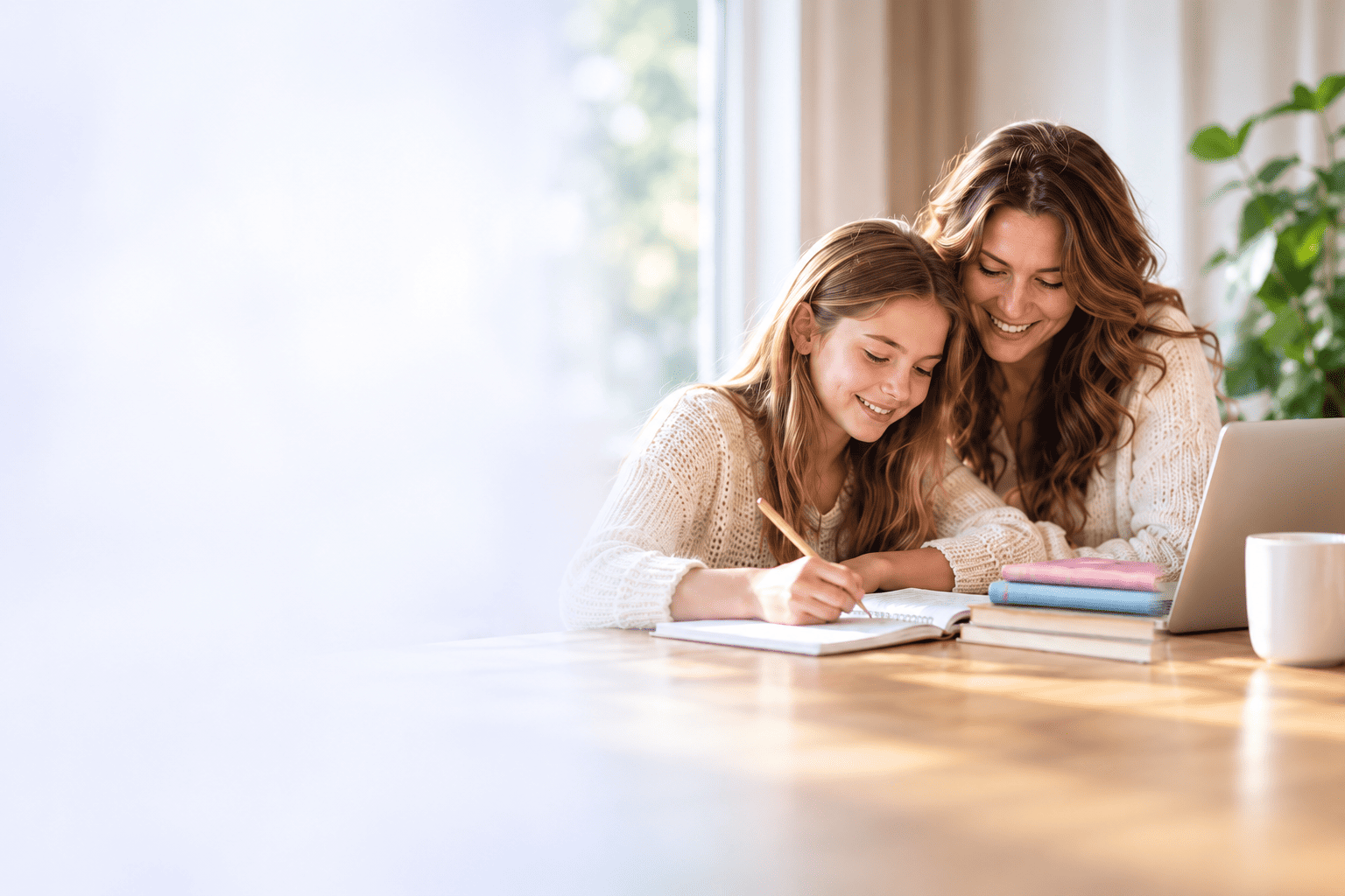 A mother and daughter learning together at home