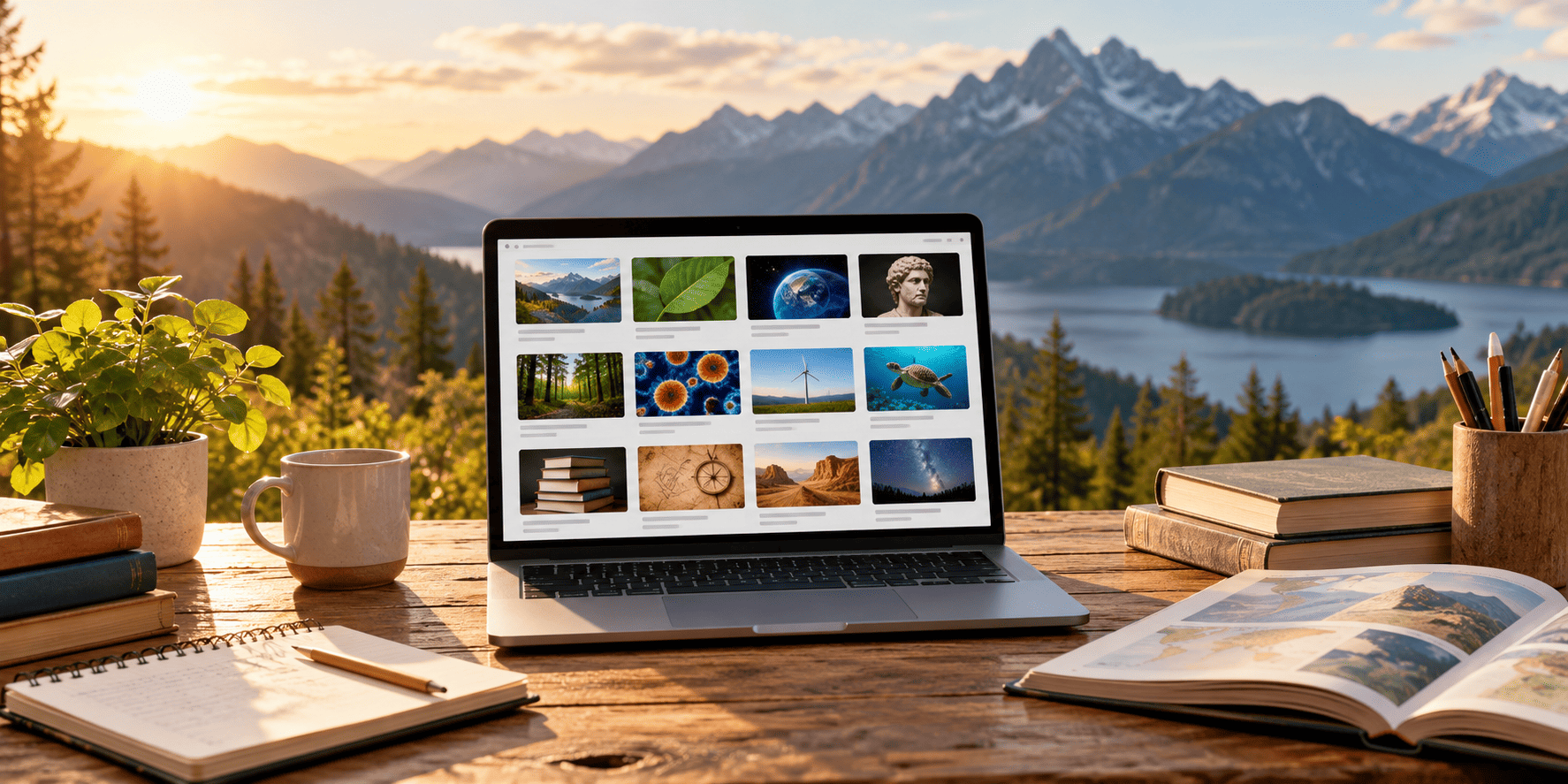 Laptop and learning materials with mountain views