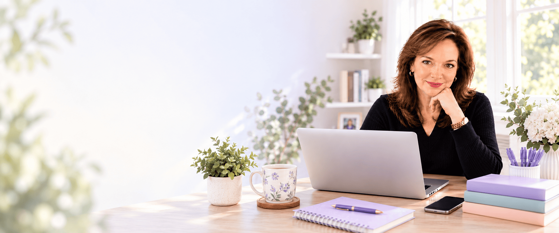Rebecca at her workspace, positioned to the right