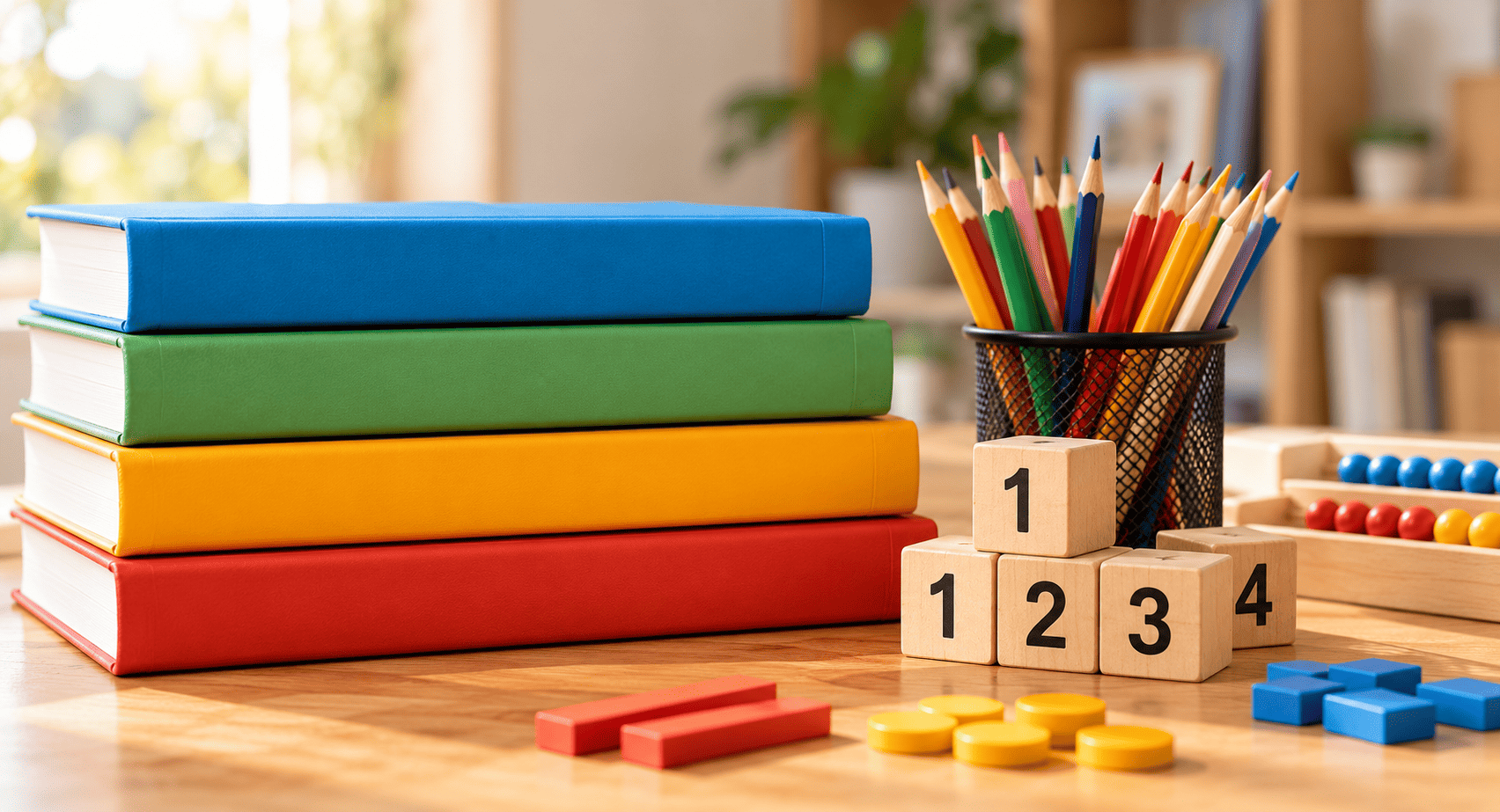 Math books and wooden number blocks