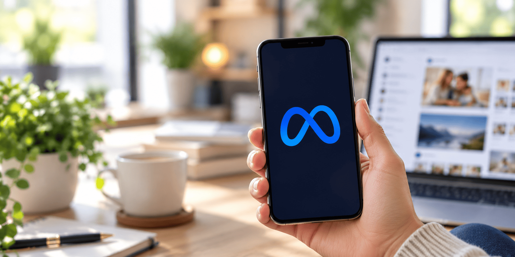 Meta logo on a smartphone in a cozy workspace
