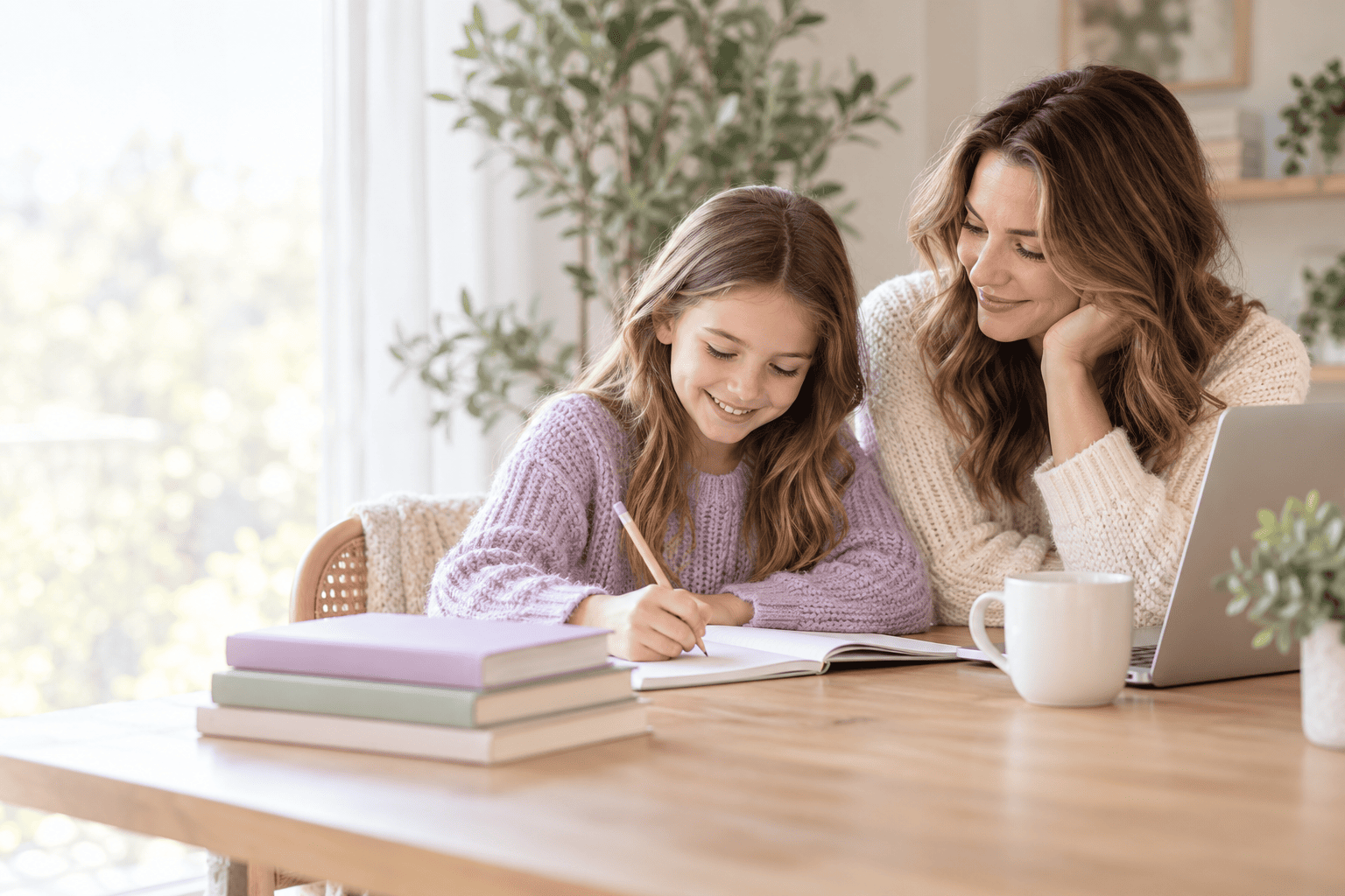 A mother and daughter learning together at a laptop