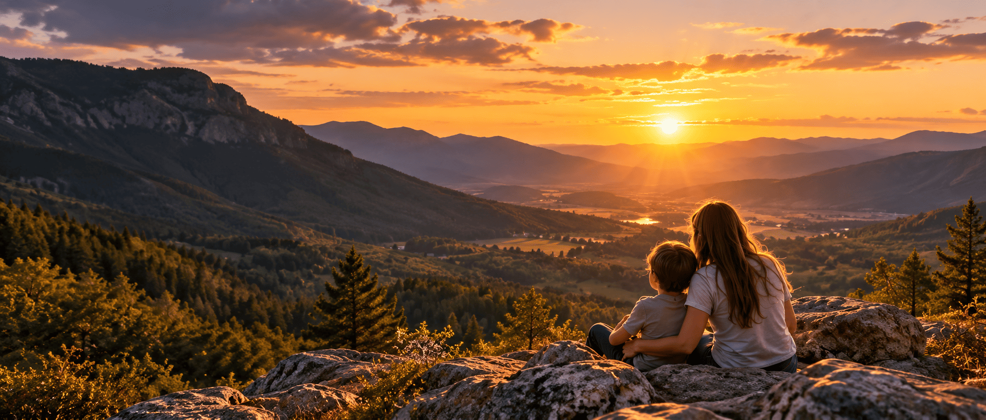 Mother and child overlooking a golden mountain valley