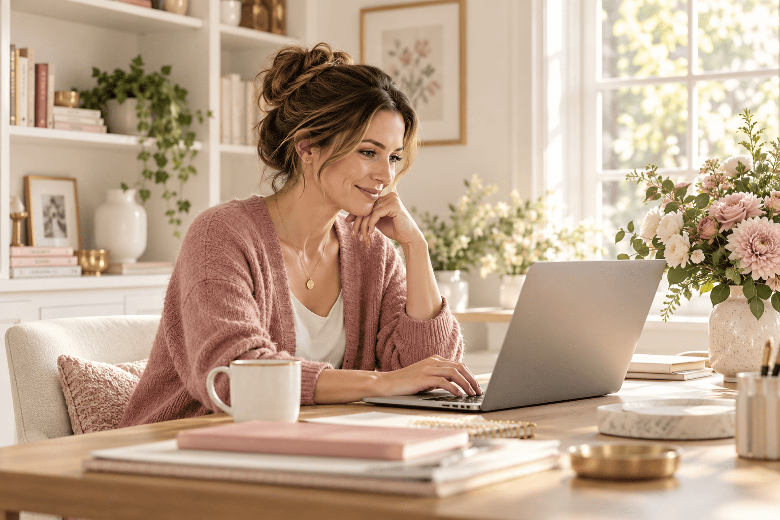 A mother working on her laptop at home