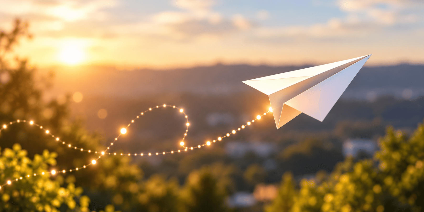 Paper airplane traveling through golden light