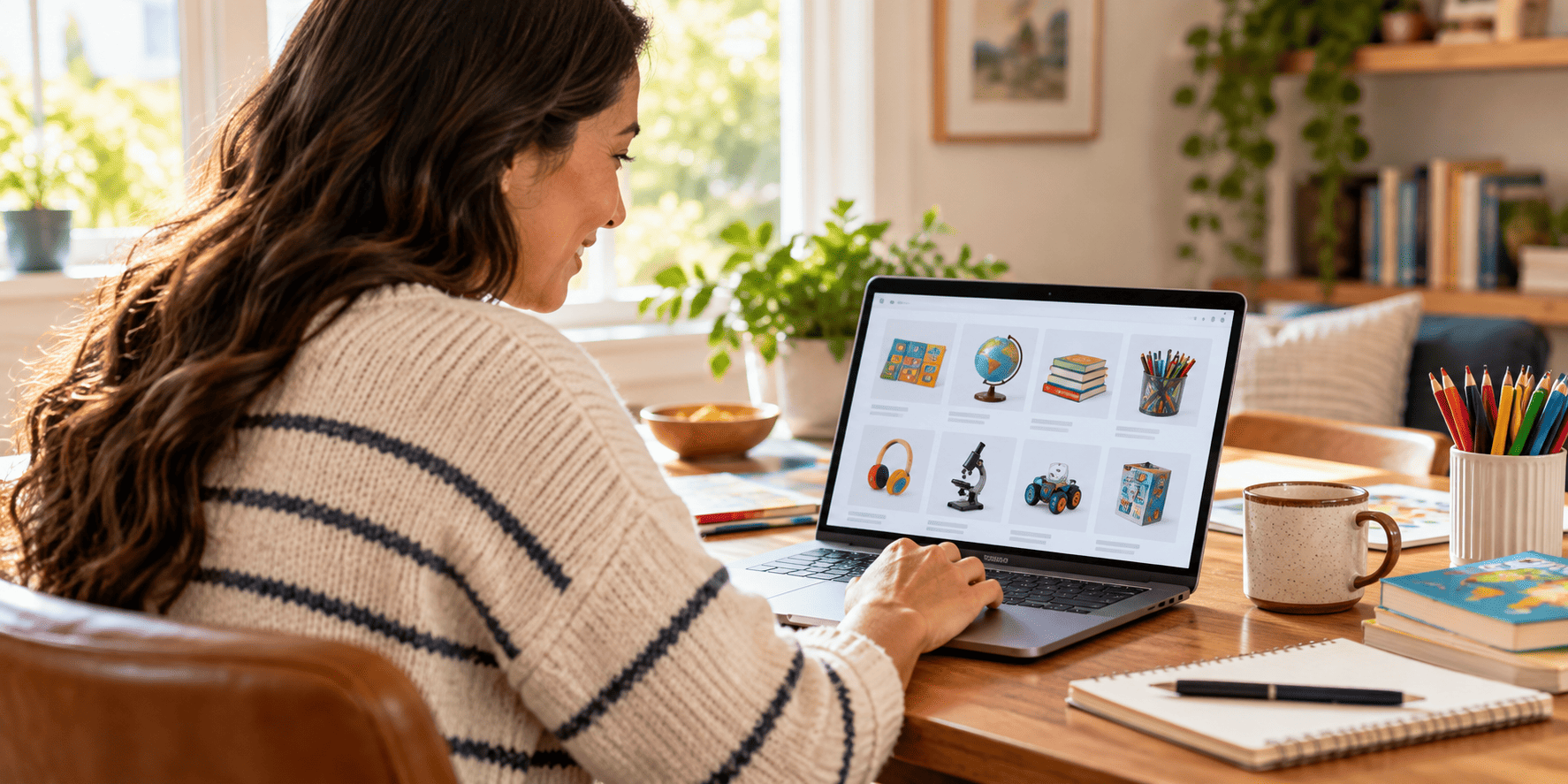 Parent browsing educational supplies on a laptop at home