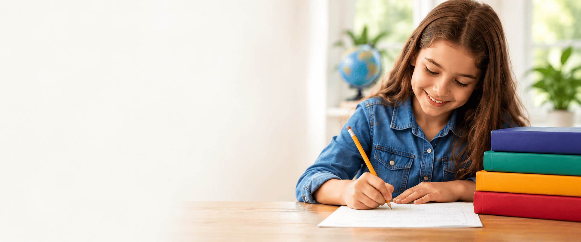 Smiling girl working on mathematics at home
