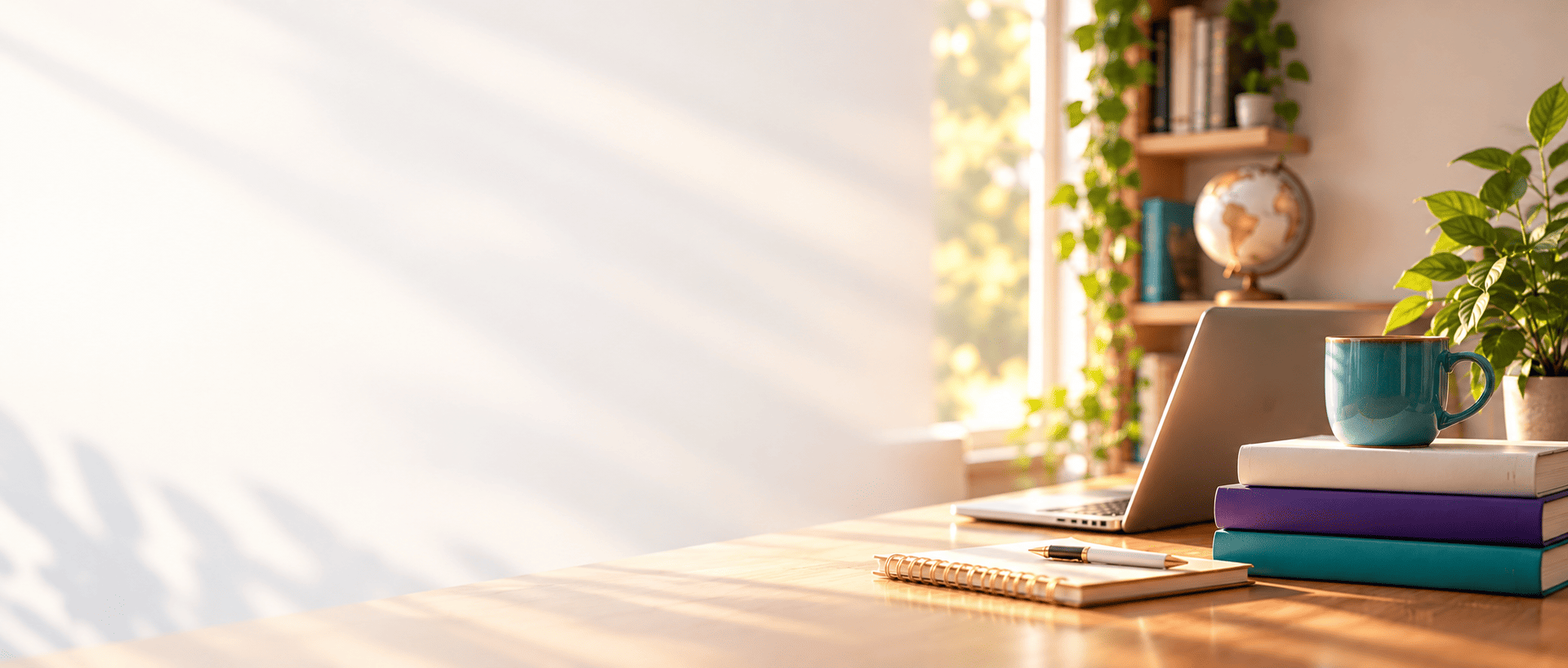 Sunlit study workspace with laptop, notebooks and books