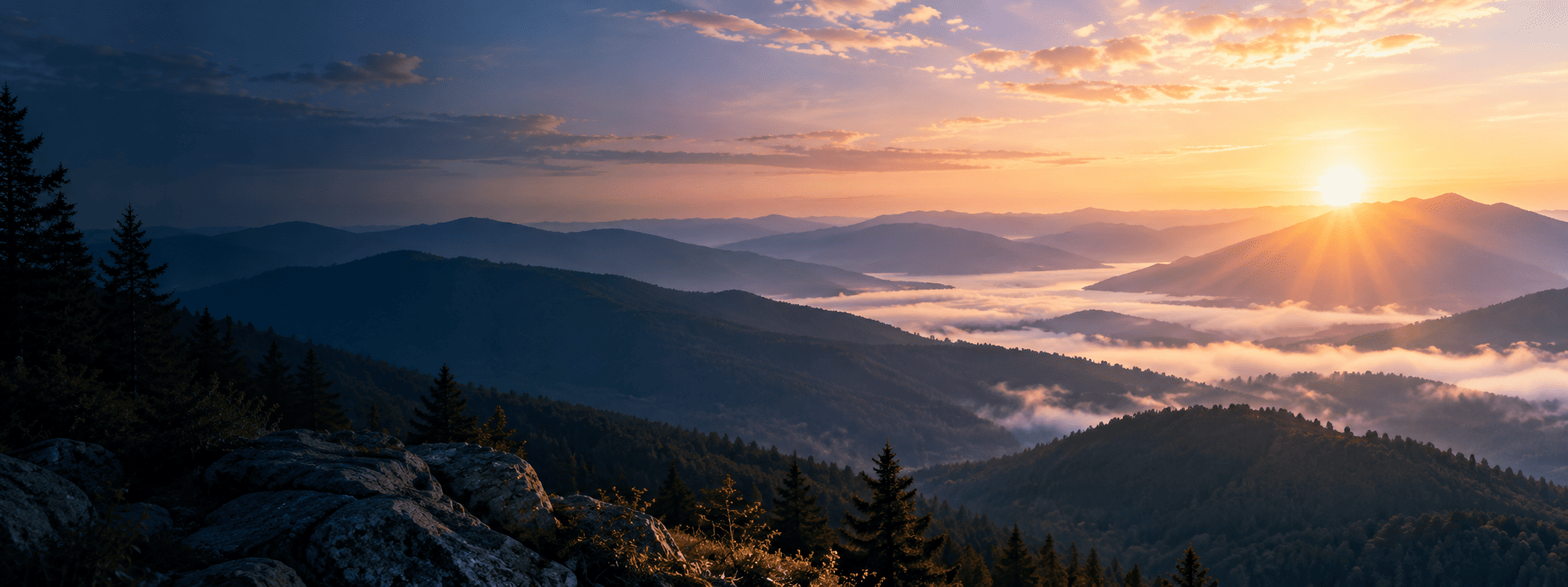 Sunrise across a mountain landscape