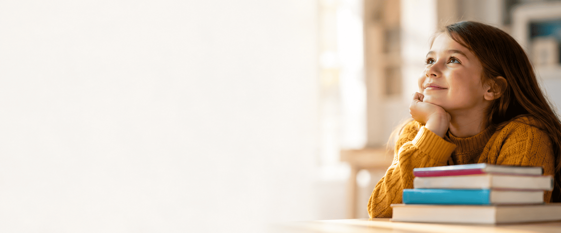 Thoughtful girl beside books in warm light