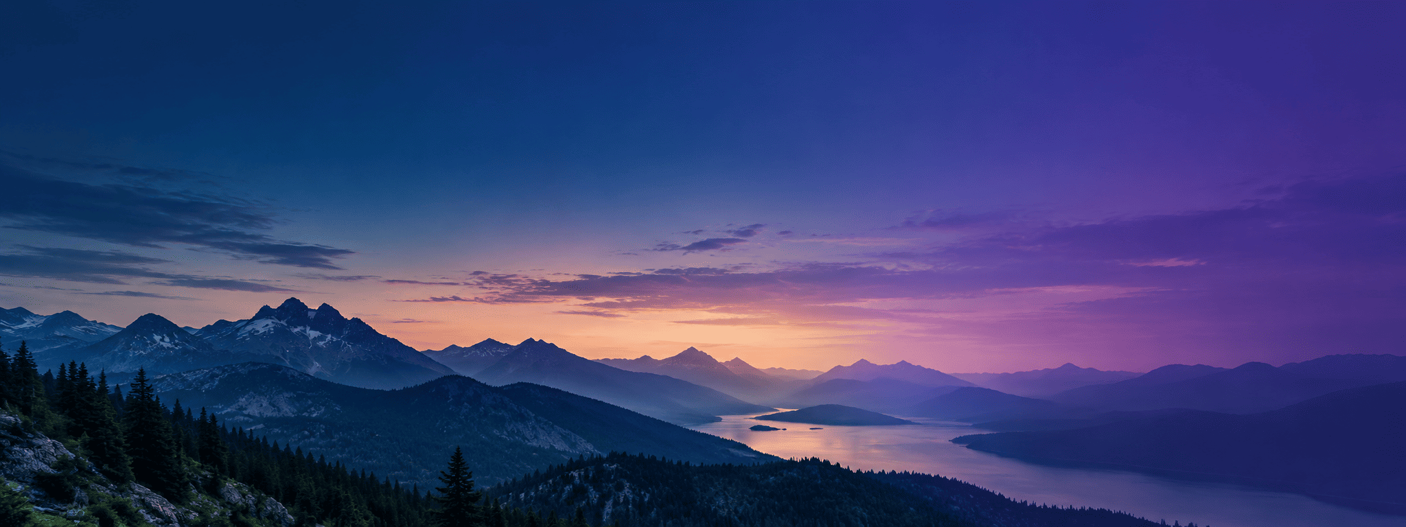 Mountain lake panorama at twilight