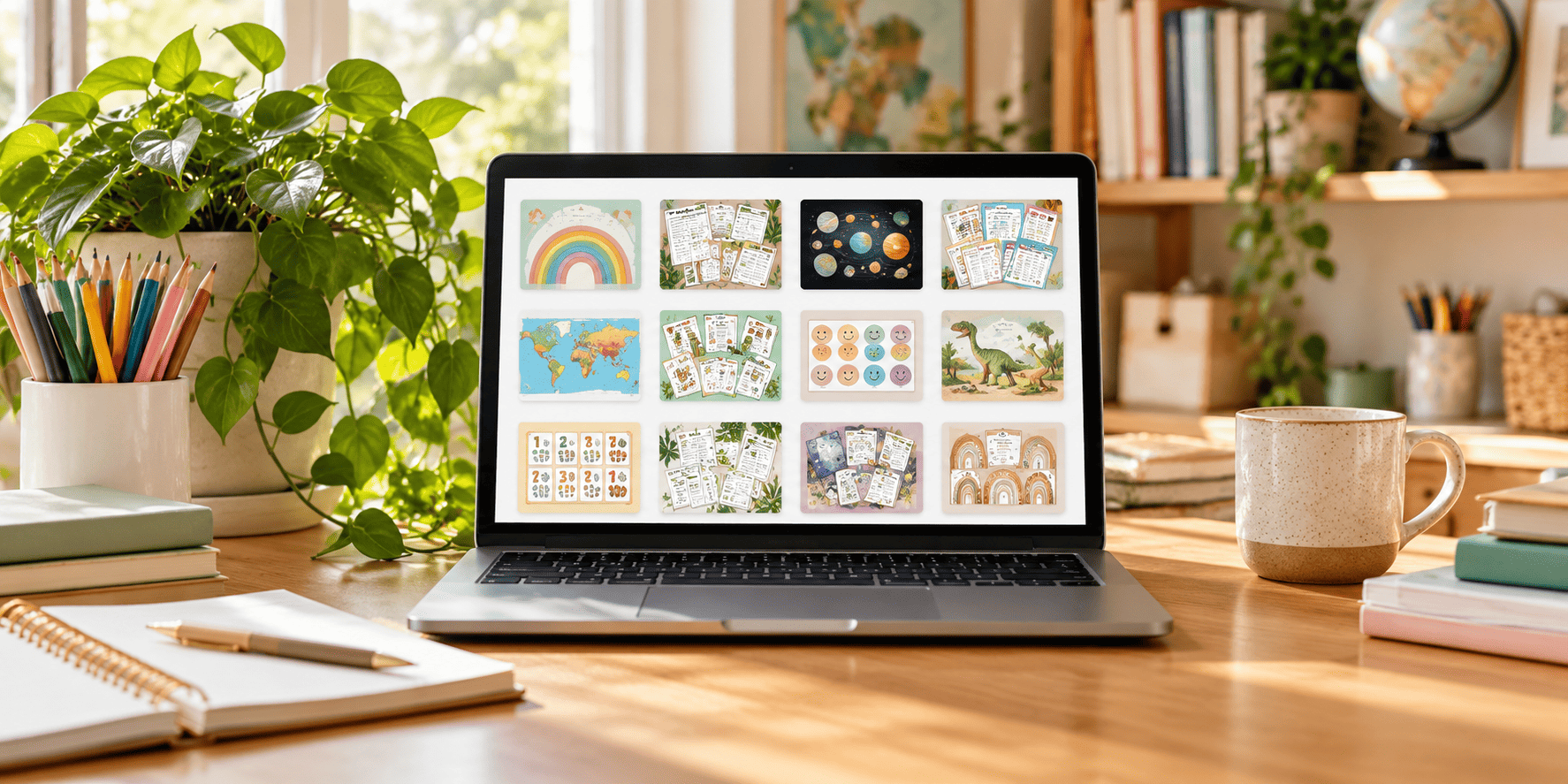 Laptop displaying educational products in a warm workspace