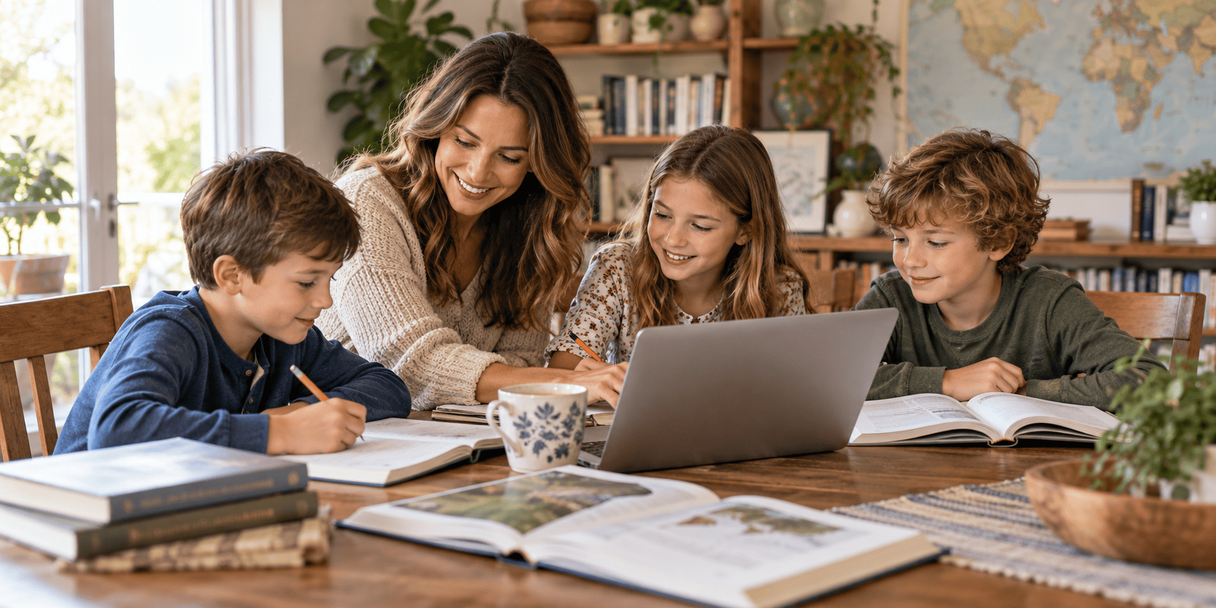 Mother and children learning together at the family table