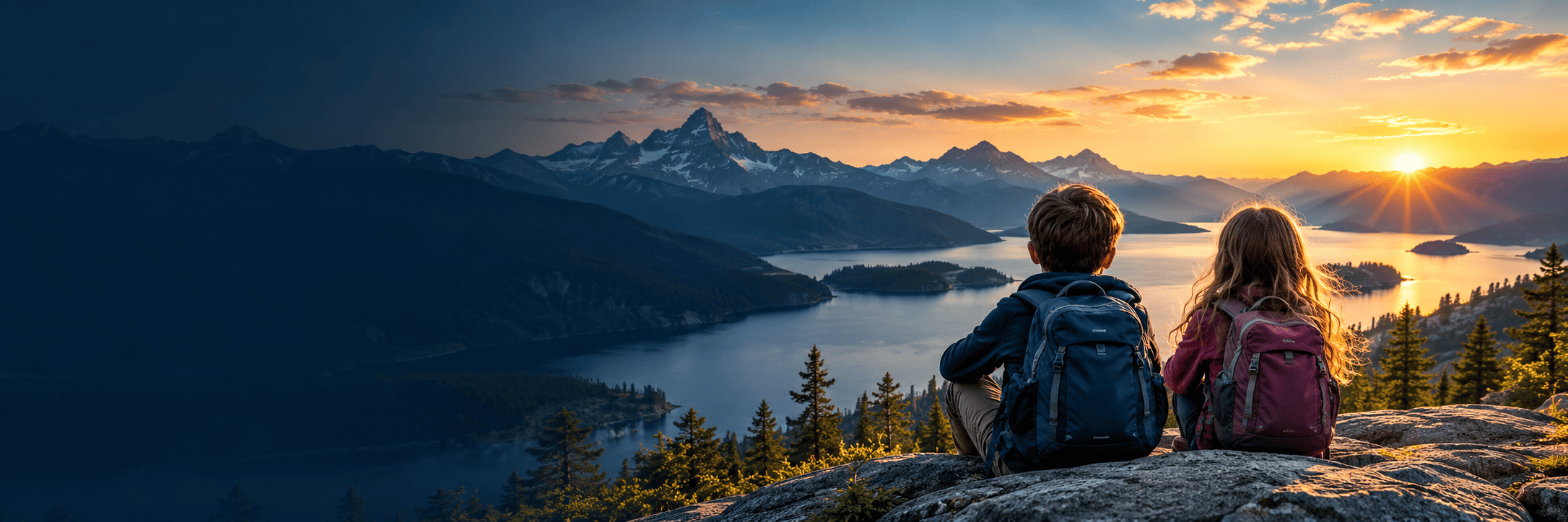 Young learners overlooking a lake at sunrise