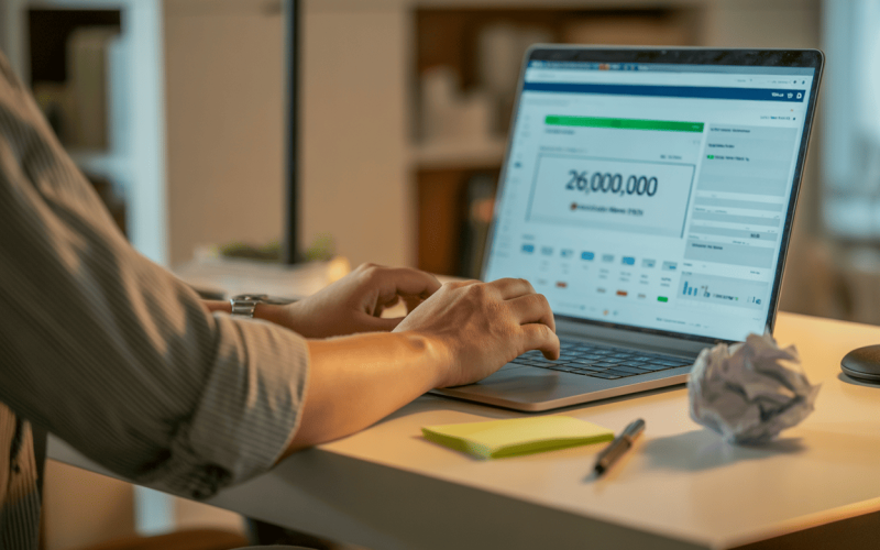 A laptop on a desk displaying a very large potential audience number, representing broad and inefficient ad targeting. Hands typing on the keyboard with scattered notes nearby.