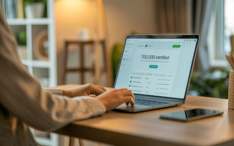 A laptop on a clean desk showing a smaller, verified audience number, representing precise and accurate ad targeting. Hands typing in a calm, organized workspace.