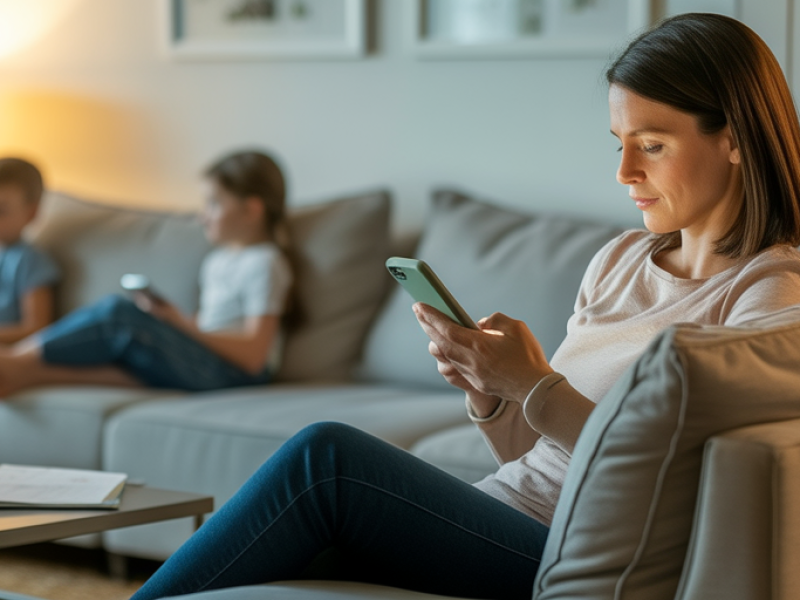 Homeschool Mom Seeing Programmatic Ads on Her Phone Homeschool mom sitting on the couch looking at her phone while children watch TV in the background.