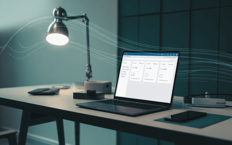 A clean, modern desk with an open laptop displaying an automated dashboard seamlessly processing Step Up for Students orders into ShipStation.