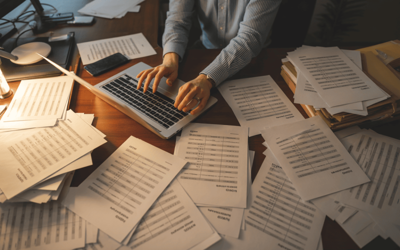 A cluttered desk covered with printed purchase orders and a person manually typing Step Up for Students order data into a laptop, representing the time-consuming manual entry process before automation.