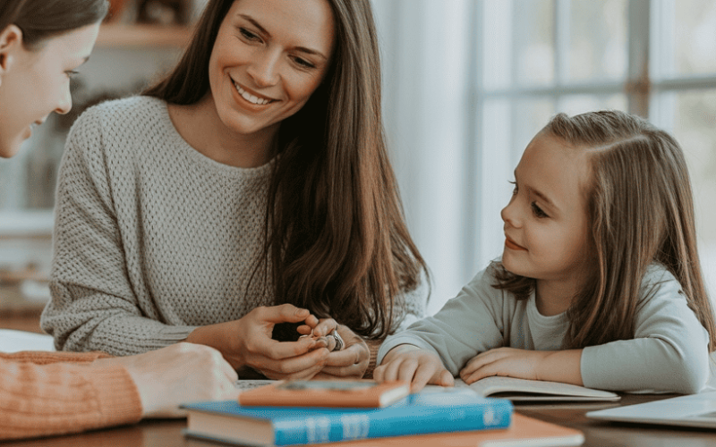 Homeschool Family Hero – Well Planned Advertiser. Homeschool mom teaching her children at a kitchen table with books and a laptop, representing the families advertisers can reach.